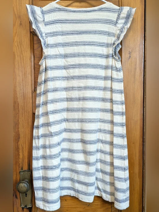LOFT Cream and Navy Striped V-Neck 100% Cotton Flutter Sleeve Mini Dress - Small - Picture 2 of 6
